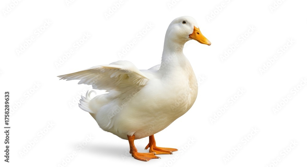 Fototapeta premium Graceful white duck with orange beak and feet, standing isolated on a clean white background.