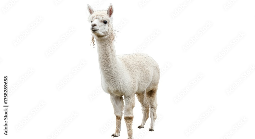 Obraz premium A charming white alpaca with soft, fluffy wool stands isolated on a clean white background.