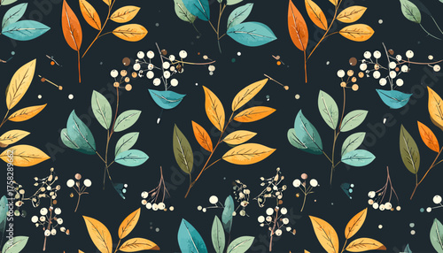 Watercolor floral pattern in autumnal colors, featuring leaves and berries on a dark background
