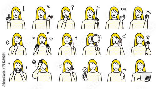 若い女性の表情ー表現アイコンセットーベクターイラスト素材