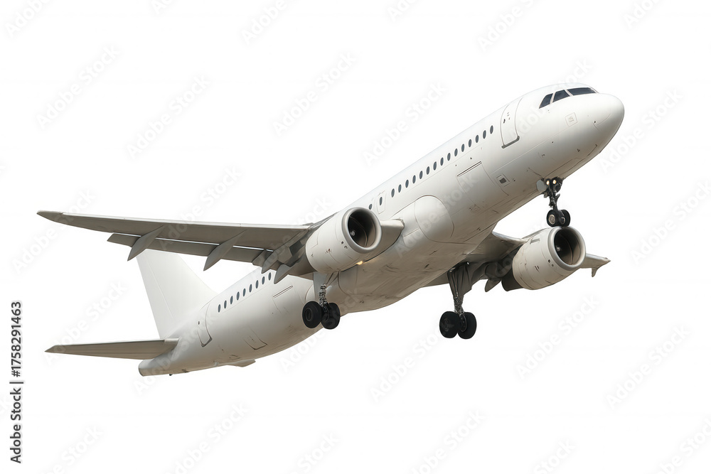 Obraz premium White passenger jet airplane ascending with landing gear down, preparing for flight or landing, transparent background