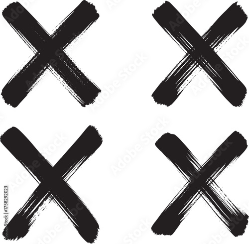 Four black hand painted brush stroke x (cross)marks silhouette isolated on transparent background