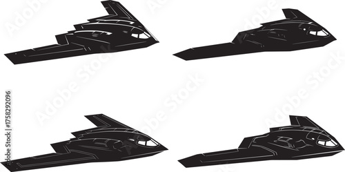Four stealth bomber silhouettes isolated on transparent background