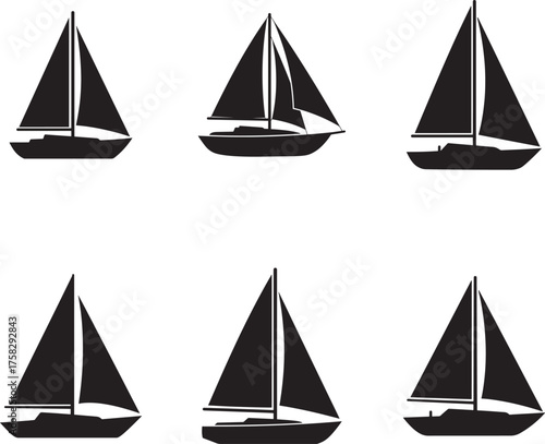 Collection of six black sailboat silhouettes with textured water detail 