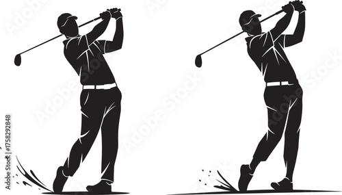 silhouetted golfers swinging clubs in dynamic motion