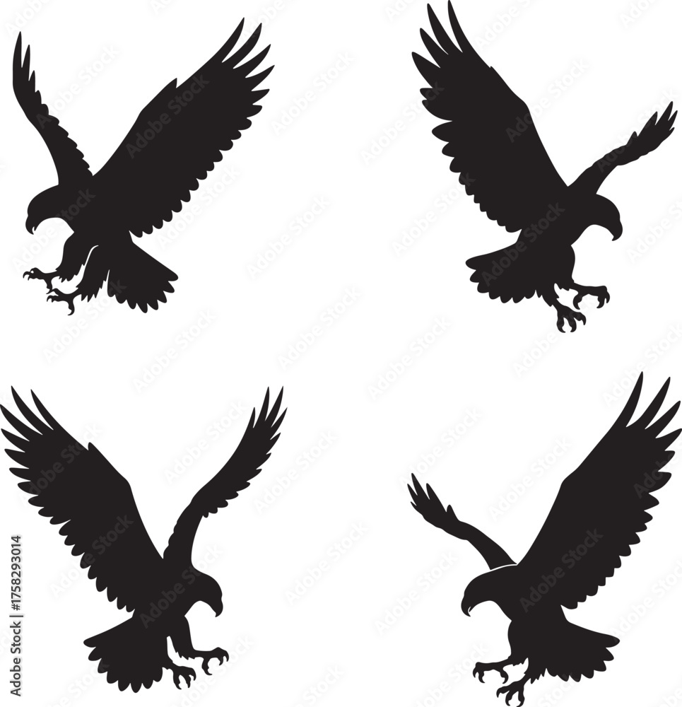 Fototapeta premium Four dynamic eagle silhouettes in flight with wings extended