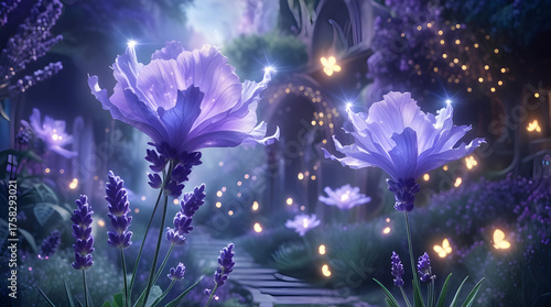 dreamlike enchanted forest, glowing under a moonlit sky. Lavender flowers and glowing blossoms, Enchanted Lavender Path Generative Ai