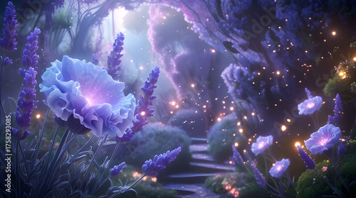 dreamlike enchanted forest, glowing under a moonlit sky. Lavender flowers and glowing blossoms, Enchanted Lavender Path Generative Ai