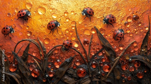 ladybugs на закате, gold and coral tones, gem texture and radiant shine 