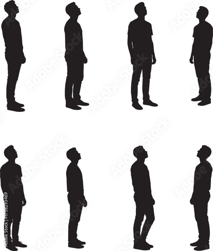 Collection of eight diverse male figures in profile standing and looking upwards silhouette