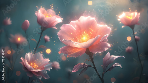 soft pink flowers glowing with a warm, magical radiance Blossoms of Light Generative Ai