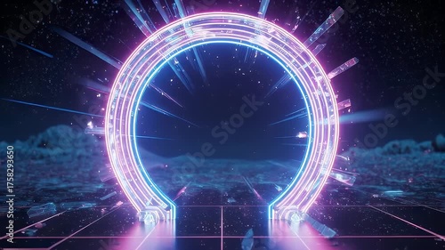 A glowing neon portal hovers over a fractured, reflective surface
