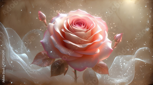 delicate pink rose glowing with an ethereal aura Stardust Rose, Generative Ai
