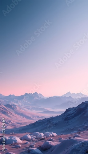 Beautiful winter landscape with snowy mountains at sunset