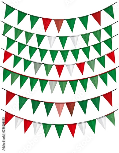 Colorful pennant banner strings in green, red, and white arranged horizontally across a white background