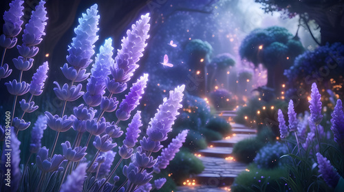 dreamlike enchanted forest, glowing under a moonlit sky. Lavender flowers and glowing blossoms, Enchanted Lavender Path Generative Ai