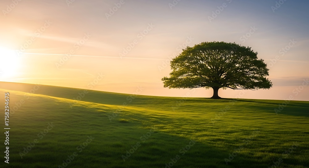 Obraz premium Lonely single tree standing on a green meadow under a blue sky with clouds in a vast summer rural landscape