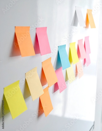 Colorful sticky notes attached to a white surface, creating an organized and visual presentation of information
