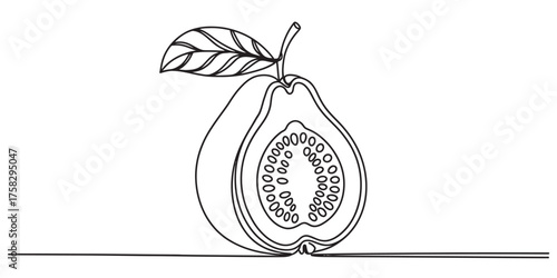A minimalist and artistic continuous single line drawing illustrating a halved guava fruit with visible seeds and a delicate leaf attached to its stem, showcasing organic beauty and simplicity in its 