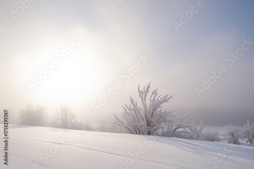 serene winter morning landscape with frosty trees covered in snow under soft sunlight and misty sky, tranquil nature scene with bright white snow field and gentle golden light atmosphere