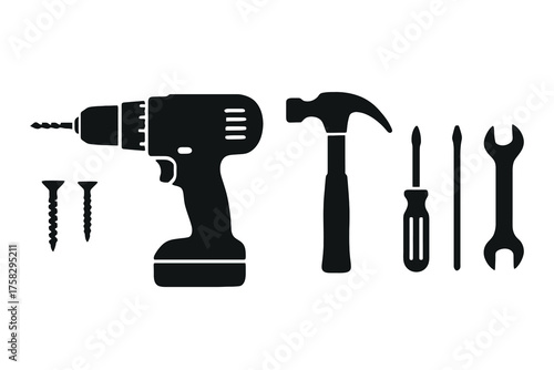 Essential tools for home improvement and DIY projects, perfect for construction, repair work, and skilled craftsmanship with hammer, drill, screwdriver and wrench.
