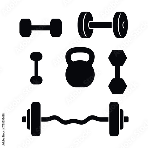 Get Fit with this Set of Gym Equipment Icons Featuring Dumbbells, Kettlebell, and Barbell for Fitness Goals and Exercise Motivation