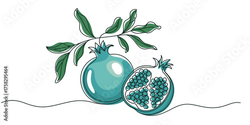 A minimalist continuous single line drawing depicting a whole pomegranate, a cut-open pomegranate showcasing its arils, and a delicate branch with leaves, all rendered with artistic fluidity.