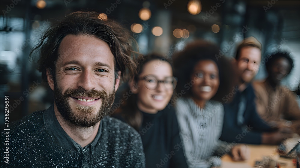 Fototapeta premium A happy bearded man smiles in the foreground with diverse colleagues blurred in the background at office.