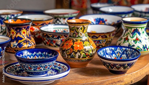 Colorful Uzbek pottery, bowls, and a jug, with detailed floral and geometric patterns, displayed on a wooden surface, offering a glimpse of cultural craftsmanship