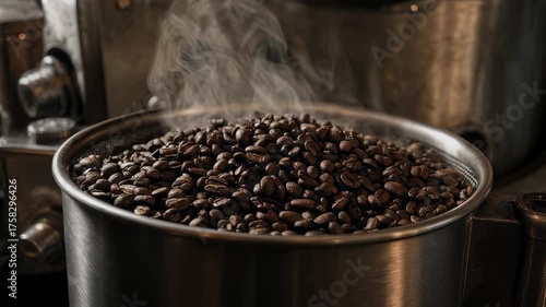 A stainless steel container overflowing with roasted coffee beans, steaming