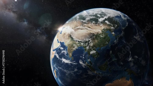 Earth in space, sunrise over Asia, with galaxy in the background