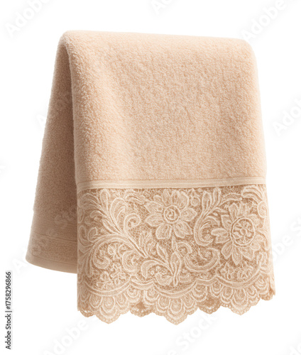 A decorative towel with intricate lace trim, perfect for guest bathroom display.