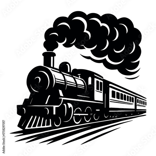 Classic steam train illustration evokes nostalgia for vintage travel, perfect for historical projects or transportation themes with its bold, iconic design