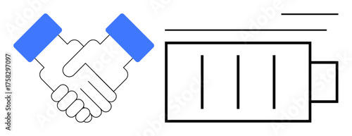 Handshake symbolizing collaboration and commitment alongside a low battery bar indicating depletion. Ideal for teamwork, energy management, agreements under pressure, resource balance, partnerships