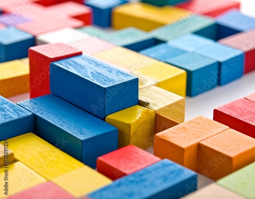 Colorful wooden blocks, varying shapes and sizes, are arranged in a close-up, eye-level view. Vivid primary colors stand out