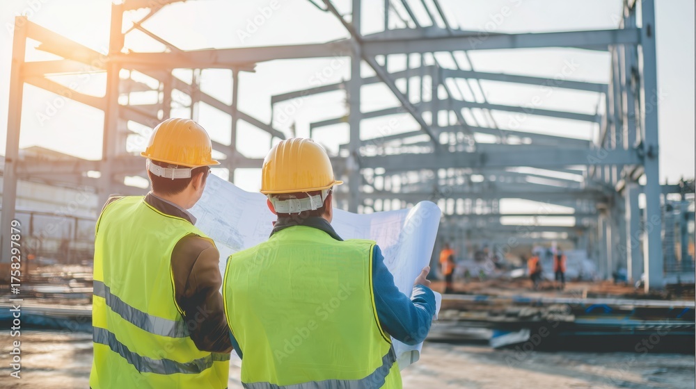 Naklejka premium Two Construction Engineers Reviewing Blueprints at Building Site – Steel Frame Structure in Background