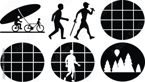 Silhouette vector graphics bundle featuring outdoor activities and abstract grids for eps design