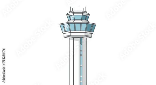 Airport Control Tower with Blue Windows and White Structure.