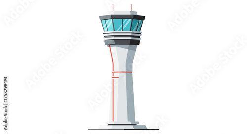 Airport Control Tower with Glass Windows and Red Accents.