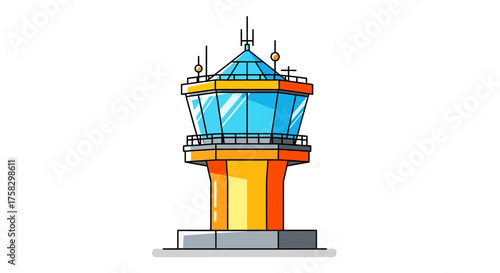 Colorful Vector Illustration of an Airport Control Tower with Antennas.