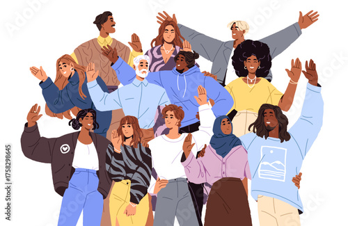 Happy team is greeting with hand gesture. Group of diverse joyful people is waving together. Crowd of young and old men and women says Hello. Flat isolated vector illustration on white background.