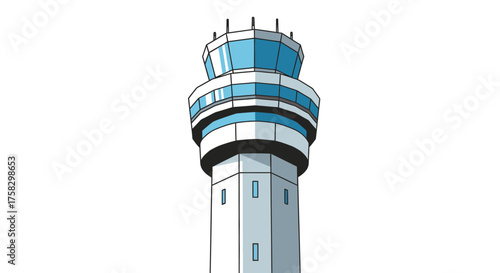 Illustrated Airport Control Tower with Blue Windows and White Structure.