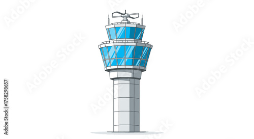 Illustrated Airport Control Tower with Blue Windows and Antenna.