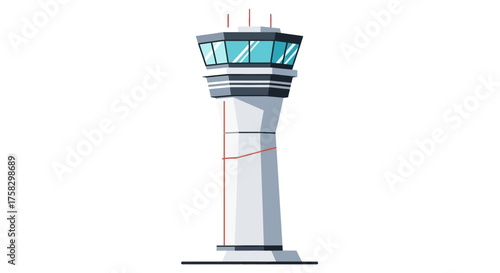 Modern Airport Control Tower Illustration with Glass Windows and Antennae.