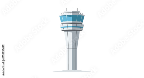 Modern Airport Control Tower Illustration with Blue Glass Windows and Antennae.