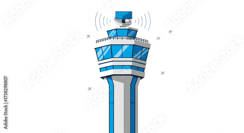 Stylized Airport Control Tower with Radar and Blue Windows Illustration.