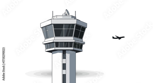 Vector Illustration of Modern Airport Control Tower with Antenna and Windows 1.