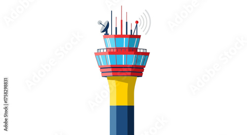 Vector Illustration of a Modern Airport Control Tower with Antennas.