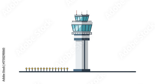 Vector Illustration of Modern Airport Control Tower with Blue Glass Windows.