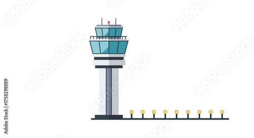 Vector Illustration of Modern Airport Control Tower with Blue Windows 2.